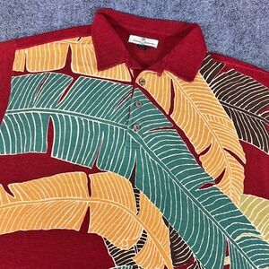Tommy Bahama Men's XXL Silk Blend Hawaiian Polo Shirt Tropical Leaf Print Red